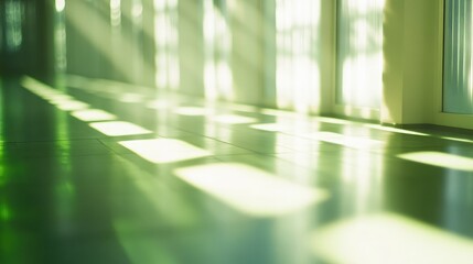 Light and shadow interplay through blurred glass creating a serene green environment with soft white highlights on the floor