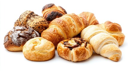 Fototapeta premium Freshly Baked Assortment of Organic Sweet Bakery Products Including Buns Rolls Croissants Brioche and French Pastries on White Background