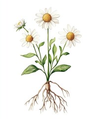 Fototapeta premium Watercolor Illustration of Chamomile: Hand-Drawn Floral Composition of Isolated Flowers, Leaves, and Roots on White Background