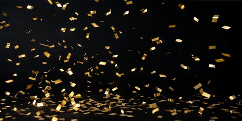 Gold confetti pattern on a black background wallpaper. Minimal black design space with floating gold confetti. Dark wallpaper background.