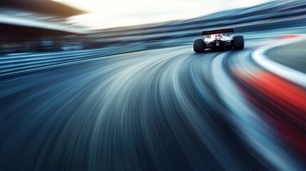 Blurred background view of a race track corner with a speeding car in the foreground, highlighting speed and intensity.