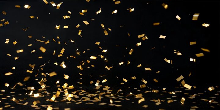 Gold confetti pattern on a black background wallpaper. Minimal black design space with floating gold confetti. Dark wallpaper background.