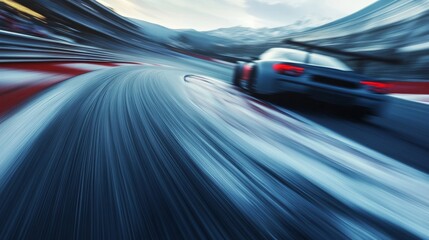 Blurred background view of a race track corner with a speeding car in the foreground, highlighting speed and intensity.
