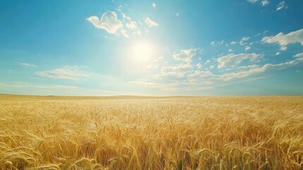 Naklejka premium Vibrant golden wheat field basking in sunlight beneath a clear blue sky with scattered clouds idyllic rural landscape scene