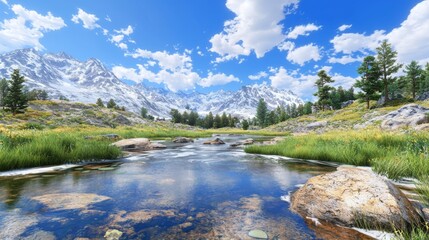 Fototapeta premium Serene Mountain River Landscape Pristine Nature Snow Capped Peaks Sunny Day