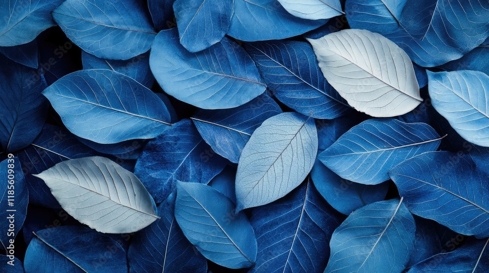 Poster blue leaf skeletons in varying shades creating a textured background for creative design and nature-