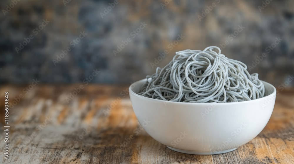 Poster gray spaghetti neatly piled in a white bowl resting on a rustic wooden table with a blurred textured