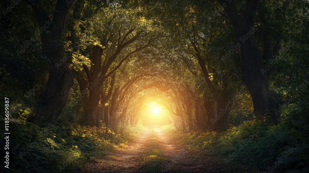 Aufkleber mysterious forest pathway illuminated by warm sunlight creating an enchanting atmosphere of hope and