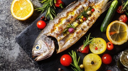 Healthy grilled fish served with fresh vegetables and citrus fruits on a dark slate background promoting nutritious meals for children and teens.