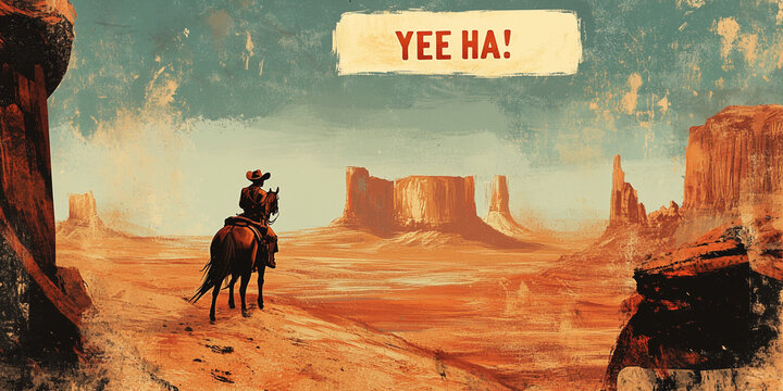 cowboy riding horse looking over western style mesa landscape, YEE HA! words and text space 