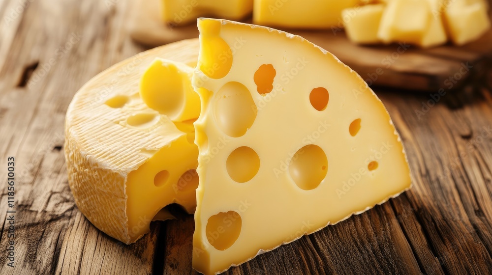 Aufkleber aged cheese with distinctive holes displayed on rustic wooden surface highlighting its texture and c