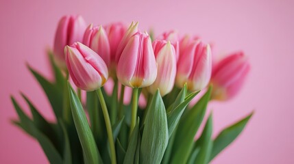 Fototapeta premium Fresh pink tulips bouquet on a soft pink background celebrating International Women's Day and feminine beauty.