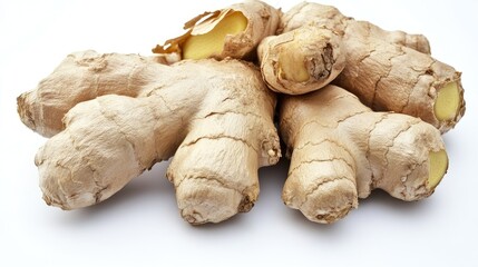 fresh ginger root arranged on white background showcasing organic spices and healthy ingredients for cooking and natural remedies