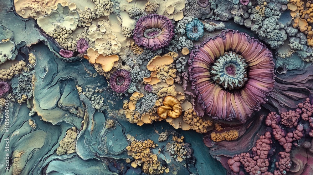 Poster colorful lichen patterns on rock surface creating a beautiful natural abstract texture