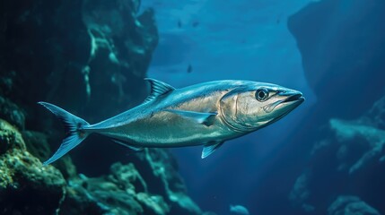 Fototapeta premium Greater Amberjack Gliding Through Clear Underwater Habitat Amidst Rocky Seascape