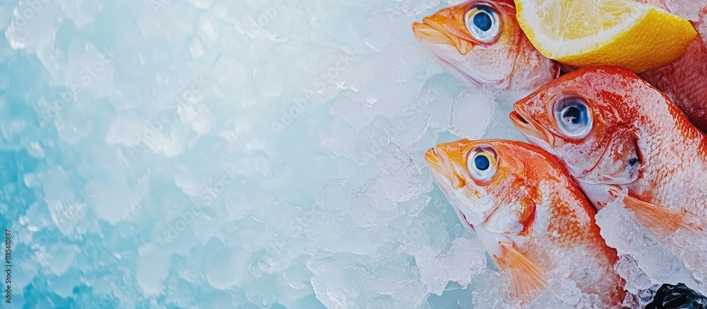 Poster freshly caught fish on ice with lemon slice and empty space for custom text in seafood market displa
