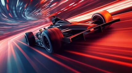 Low-angle shot of a sleek race car accelerating out of a corner, with dynamic lines and speed trails emphasizing its motion.