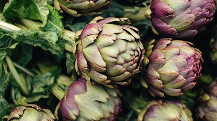 Fresh organic globe artichokes displayed at farmers market showcasing their vibrant green and purple hues among leafy greens.