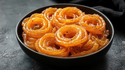 Deep fried jalebi traditional Indian sweet dessert served in a black bowl on dark background top view with crispy texture and shine