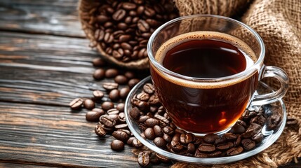 Rich Espresso in Glass Cup Surrounded by Coffee Beans on Rustic Wooden Table