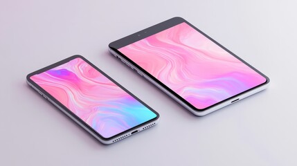 Pink and blue abstract phone and tablet mockup.