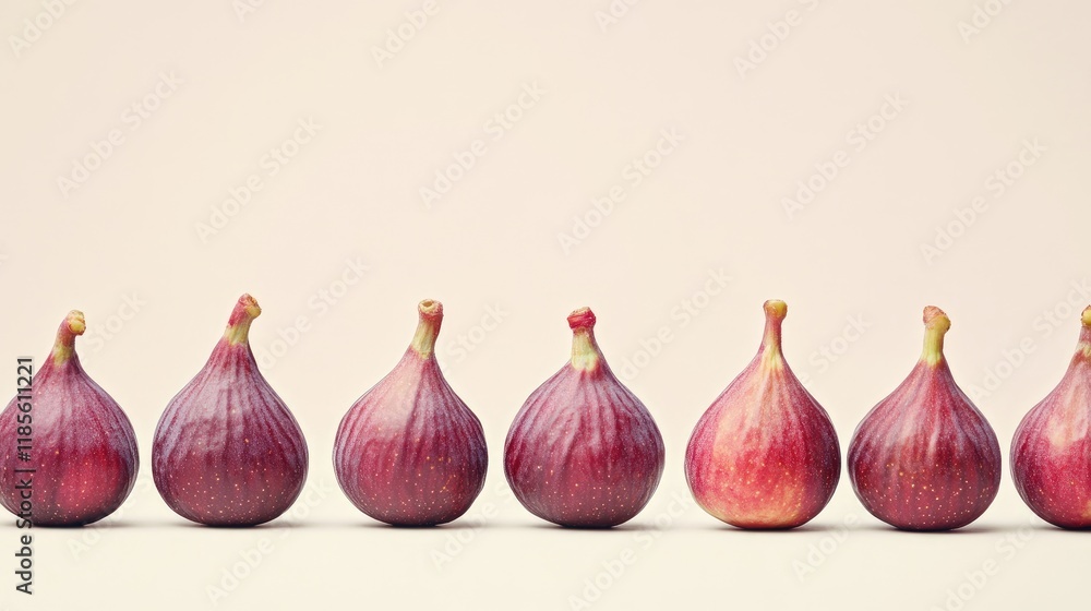 Poster fresh ripe figs arranged in a neat row on a white background highlighting their vibrant color and na