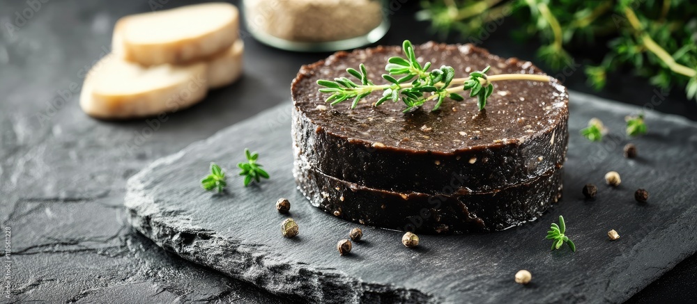 Aufkleber black cheese spread topped with fresh thyme and herbs on a rustic gray board with empty space for te