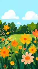 Obraz premium Vibrant Summer Meadow with Orange and Peach Blossoms under a Blue Sky