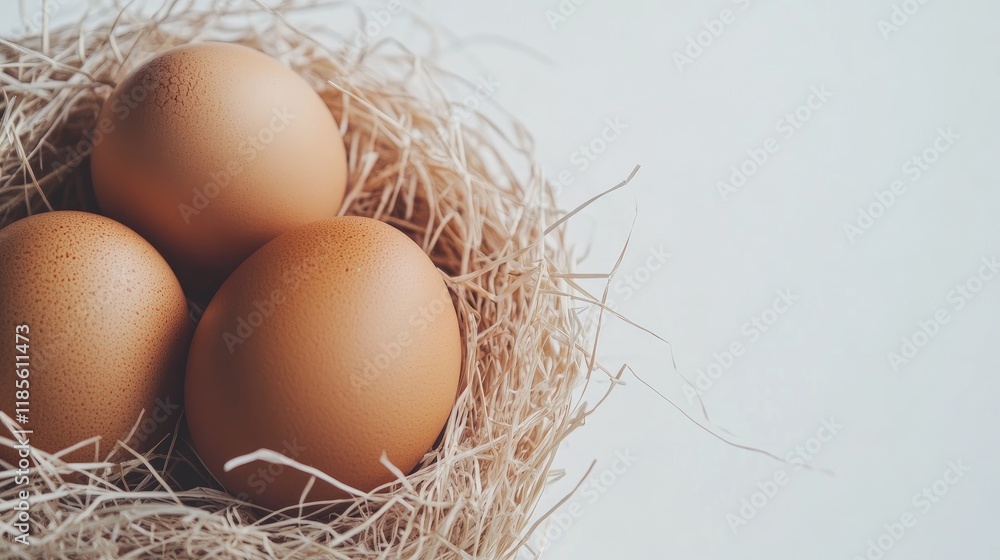 Poster fresh brown eggs arranged in a nest of straw on a light background ideal for culinary use and food p