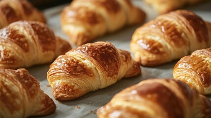 Golden Brown Croissants Cooling on a Baking Sheet Fresh from the Oven