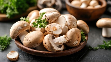 Freshly harvested forest mushrooms arranged in a wooden bowl garnished with parsley on a rustic kitchen countertop.