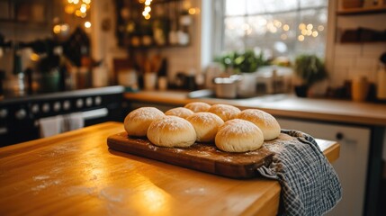 Cozy Kitchen Scene with Freshly Baked Buns on a Wooden Cutting Board in Warm Ambient Light