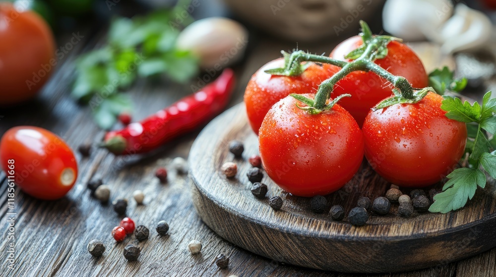 Poster fresh grape tomatoes with assorted spices on a rustic wooden surface ideal for culinary presentation