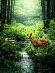 Serene Deer Standing by a Tranquil Stream in Lush Green Forest