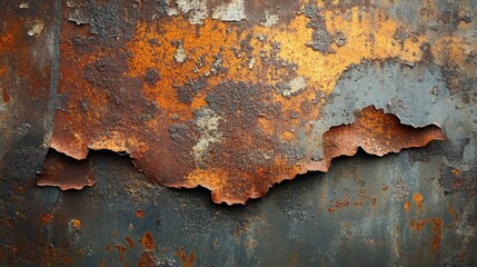 Rusty industrial metal surface with torn and damaged sections showcasing vibrant orange and gray...