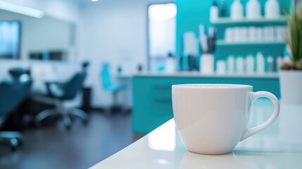 Germ free dental solution in a white cup on a countertop with blurred dental office background and modern amenities
