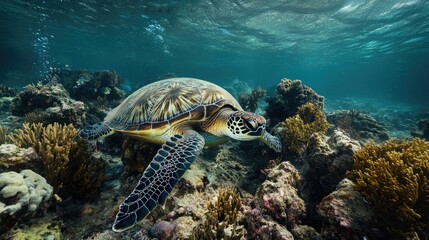 Fototapeta premium Elegant Sea Turtle Gliding Through Coral Reef in Crystal Clear Ocean Waters