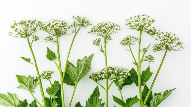 Giant hogweed toxic plant with distinctive white flowers and lush green leaves isolated on a white background in a studio setting