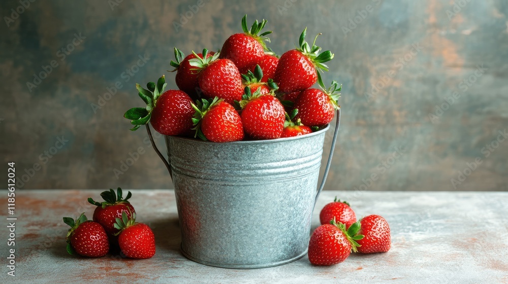 Aufkleber freshly picked strawberries overflowing from a rustic bucket on a soft background showcasing vibrant