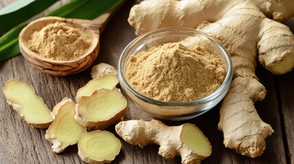 Fototapeta premium Fresh ginger root slices and ground ginger spice displayed on a rustic wooden surface with green leaves for a natural food composition.