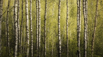 Obraz premium Fresh green birch tree forest in springtime with selective focus highlighting vibrant foliage and natural beauty of the season
