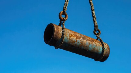 Fototapeta premium Rusty metal tube suspended from crane rope against a vibrant blue sky showcasing industrial elements and clear outdoor conditions.
