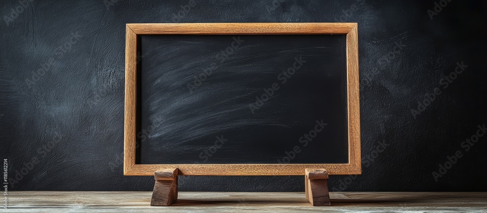 Aufkleber black chalkboard with wooden frame on table empty space for text and background scenes educational o
