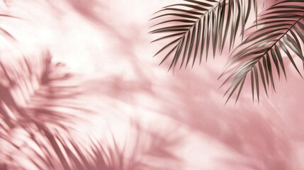 Pink background with palm leaf shadows and branches.