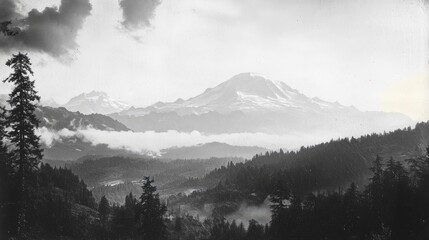 Obraz premium Majestic Mount Rainier Overlooking Lush Forests and Misty Valley in Vintage Black and White Scenic Landscape Photography