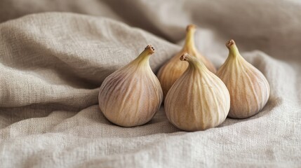 Ripe fresh figs arranged on soft linen fabric showcasing their natural textures and colors in a closeup shot.
