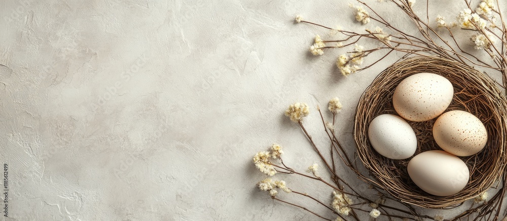 Poster eggs in a straw nest on a soft neutral background with delicate flowers and ample space for adding t