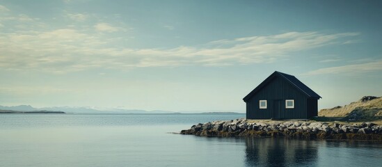 Tranquil Coastal Scene of a Black Cottage Reflecting in Still Waters Emphasizing Nature's Serenity and Potential for Text Overlay