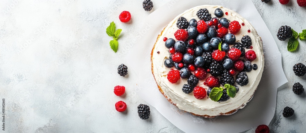 Aufkleber handmade pancake cake topped with fresh berries on white background showcasing empty space for text 