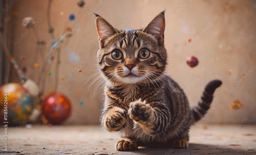 Poster cat is playing with a ball. the cat is brown and black. the cat is standing on a floor